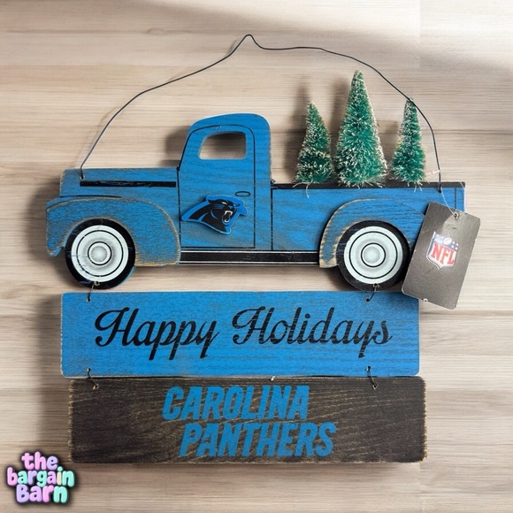 NFL Carolina Panthers NWT 12” Wooden ‘Happy Holidays’ Truck With Tree Sign - Picture 1 of 3